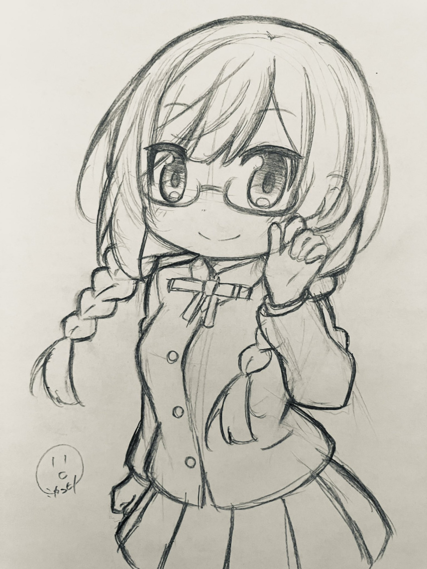 1girl, bangs, braid, breasts, chibi, commentary_request, glasses, graphite_(medium), greyscale, highres, long_hair, looking_at_viewer, love_live!, love_live!_nijigasaki_high_school_idol_club, medium_breasts, miyako_hito, monochrome, nakagawa_nana, nijiyon, sidelocks, smile, solo, traditional_media, twin_braids, upper_body, yuuki_setsuna_(love_live!)