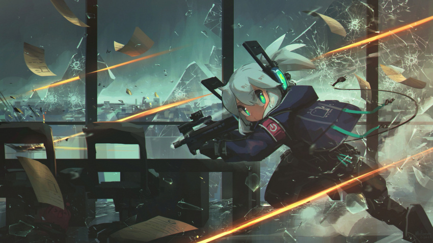1girl, absurdres, armband, broken_glass, broken_window, bullet_hole, cable, cable_tail