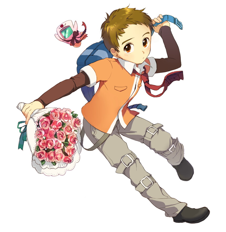 1boy, amai_shirou, belt, black_footwear, bouquet, brown_eyes, brown_hair, child