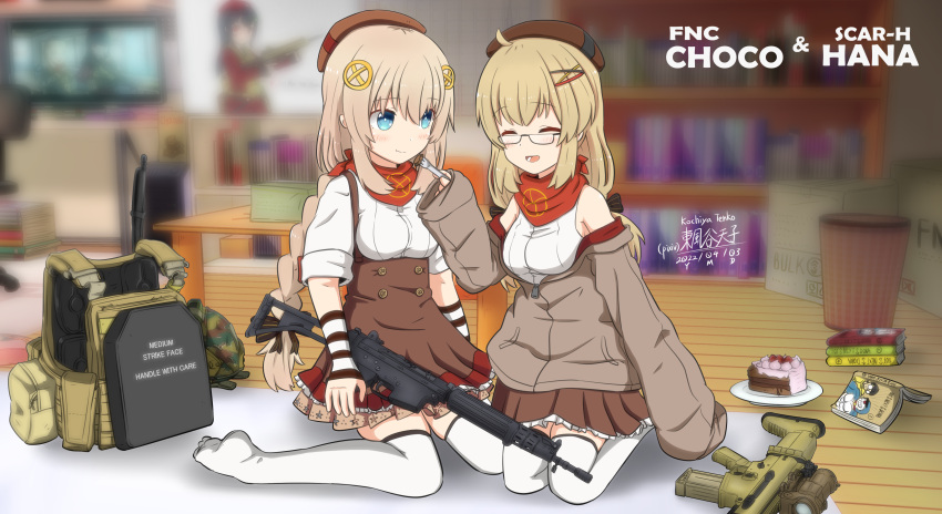 2girls, absurdres, ahoge, ammunition_pouch, arm_at_side, artist_name, assault_rifle, bandana