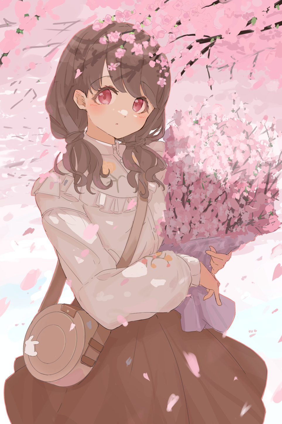 1girl, bag, bangs, bouquet, brown_hair, brown_skirt, cherry_blossoms, fukumaru_koito