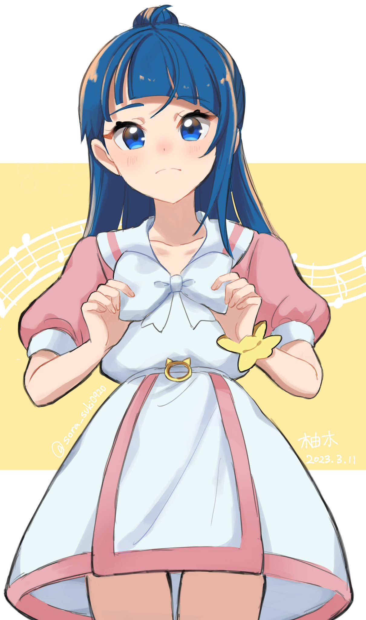 1girl, bangs, blue_eyes, blue_hair, blush, borrowed_hairstyle, bow, bracelet
