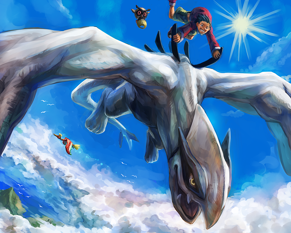 black_hair, blue_eyes, cloud, epic, gold_(pokemon), gold_(pokemon)_(classic), hat, hat_removed