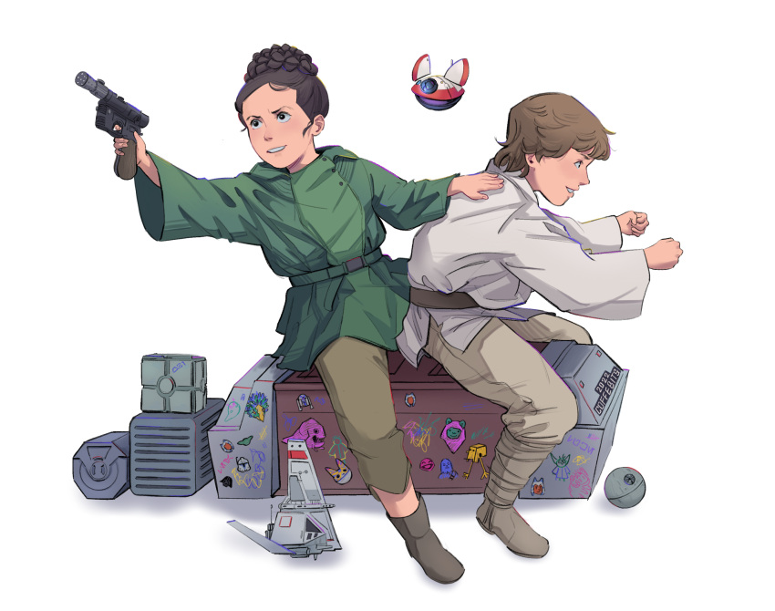 1boy, 1girl, aged_down, animification, belt, blonde_hair, boots, brother_and_sister, brown_hair, coffebits, female_child, highres, holding, holding_weapon, luke_skywalker, male_child, obi-wan_kenobi_(disney+), princess_leia_organa_solo, robot, siblings, smile, star_wars, weapon, white_background