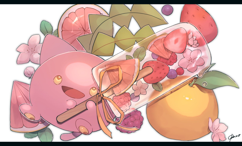 :d, artist_name, blueberry, commentary_request, flower, food, fruit, highres, holding, holding_food, hoppip, leaf, looking_at_viewer, no_humans, ojikano, open_mouth, orange_(fruit), orange_ribbon, orange_slice, pink_flower, pokemon, pokemon_(creature), popsicle, ribbon, signature, simple_background, smile, solo, strawberry, white_background, yellow_eyes
