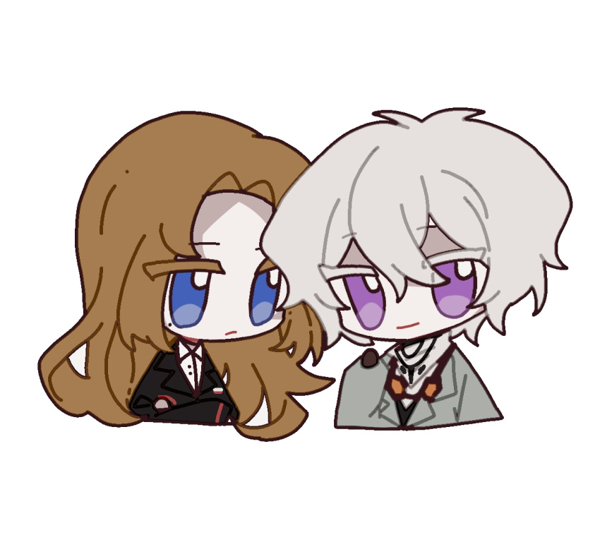 1boy, 1girl, black_jacket, black_vest, blue_eyes, brown_gloves, brown_hair, chibi