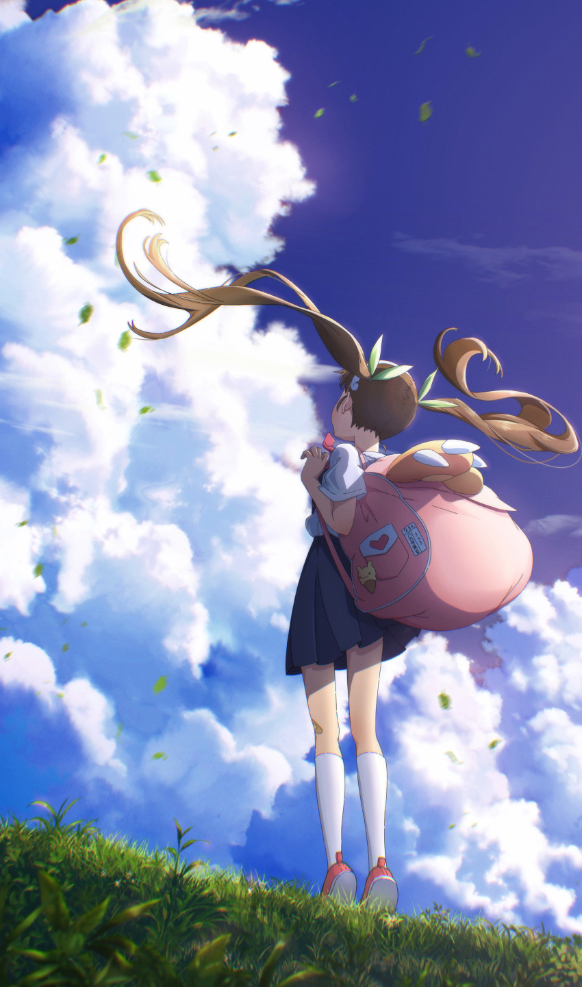 1girl, absurdres, backpack, bag, bakemonogatari, bandaid, bandaid_on_knee, bandaid_on_leg