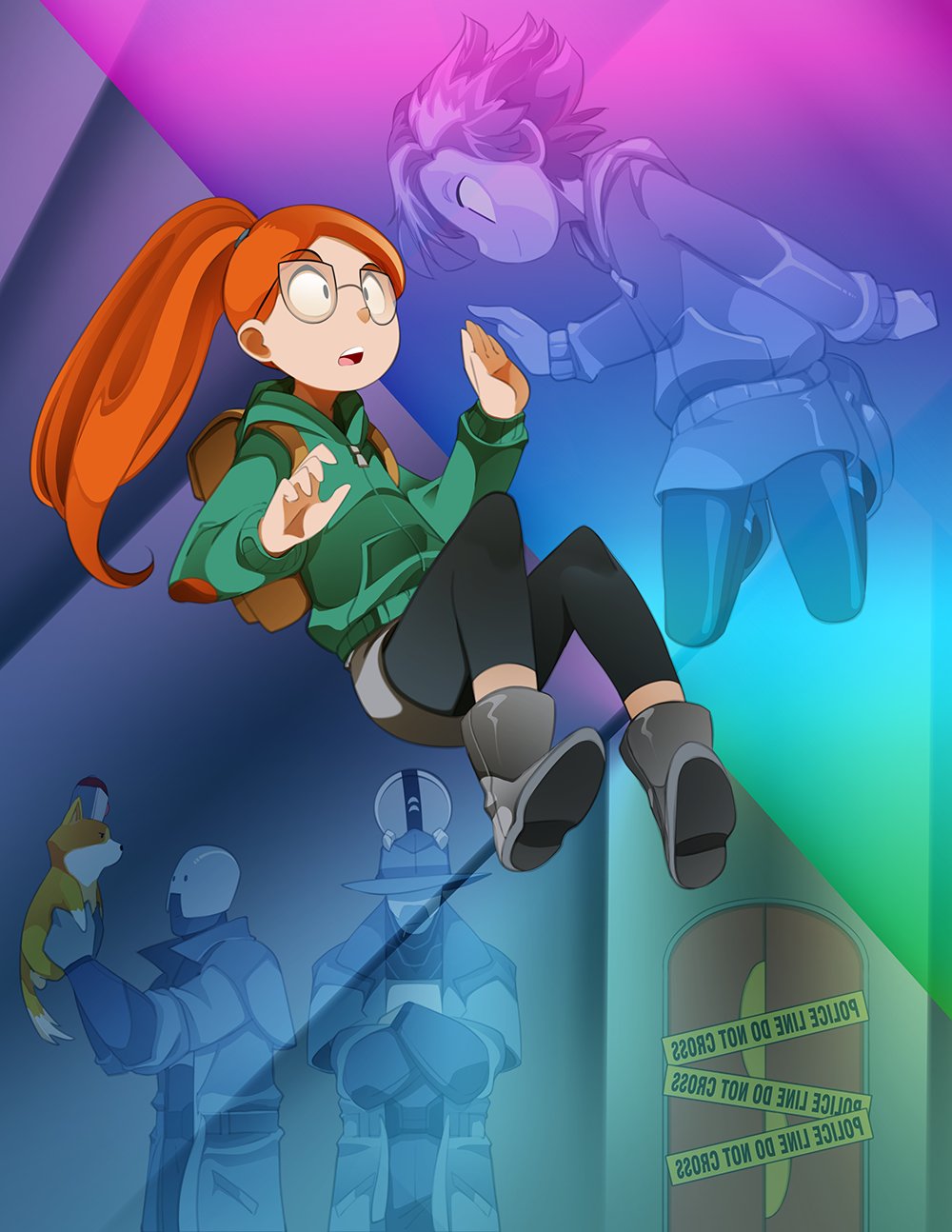 2girls, 4boys, atticus_(infinity_train), black_leggings, bleedman, boots, english_commentary, floating