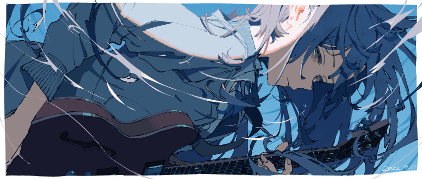 1girl, absurdres, bangs, blue_hair, closed_mouth, commentary_request, earrings, electric_guitar