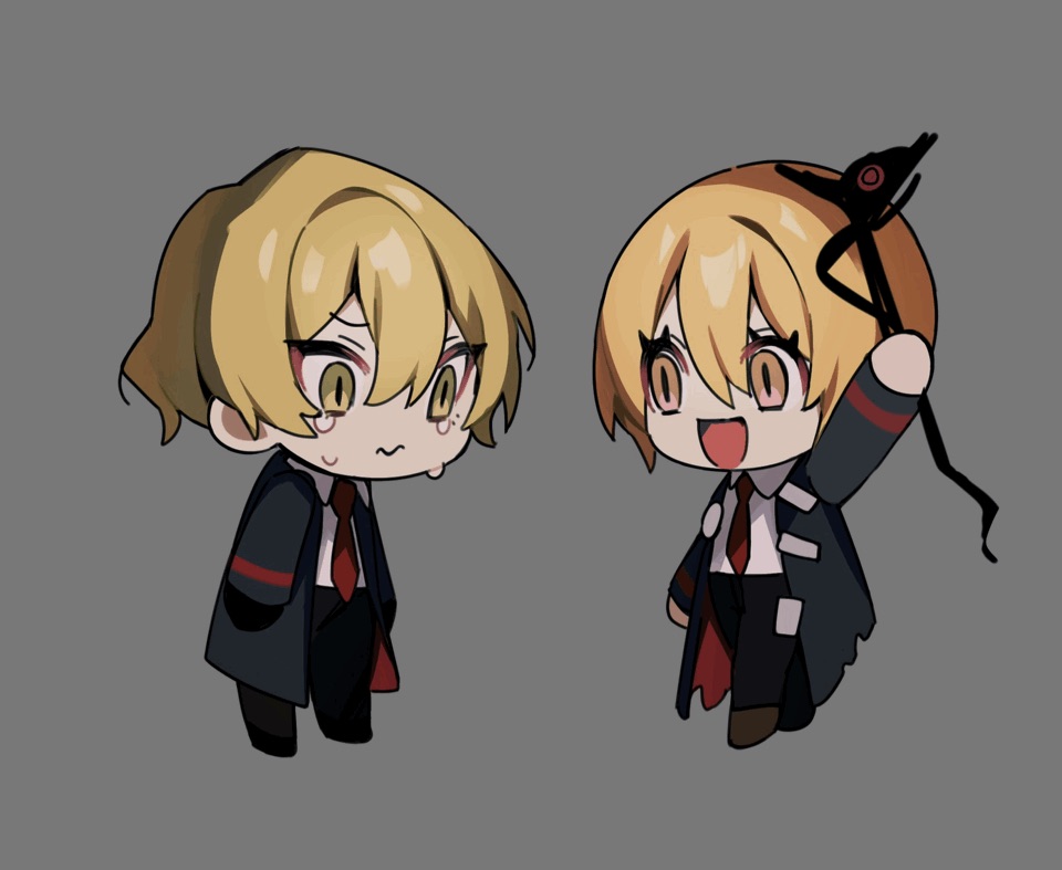 1boy, 1girl, :d, black_coat, blonde_hair, chibi, closed_mouth, coat, collared_shirt, commentary_request, crying, crying_with_eyes_open, don_quixote_(limbus_company), grey_background, limbus_company, long_sleeves, mu46016419, necktie, no_nose, open_clothes, open_coat, open_mouth, peccatulum_irae, project_moon, red_necktie, shirt, short_hair, simple_background, sinclair_(limbus_company), smile, tears, white_shirt, yellow_eyes
