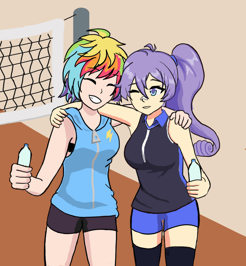 2girls, crush_crush, female_only, purple_hair, rainbow_hair, volleyball_net, water_bottle