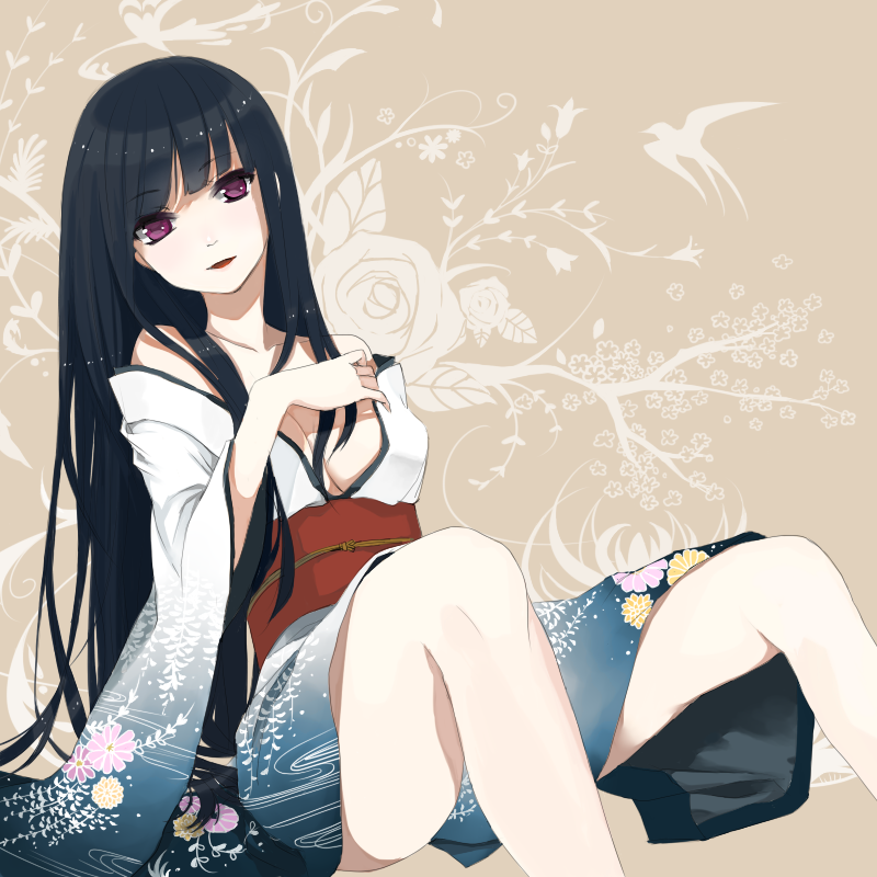 bare_shoulders, black_hair, blunt_bangs, breasts, cleavage, floral_print, hand_on_chest, hand_on_own_chest