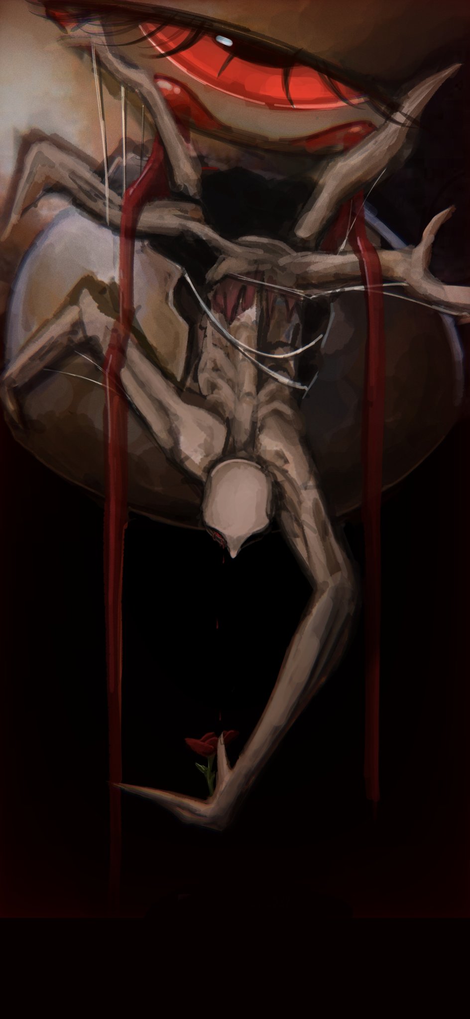 1boy, alternate_form, bald, black_background, blood, blood_from_eyes, cocoon, crawling