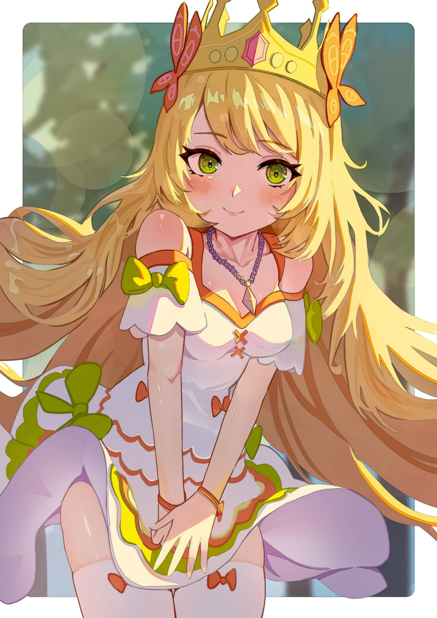 1girl, bangs, bare_shoulders, blonde_hair, blush, border, bow, butterfly_hair_ornament, celine_(fire_emblem), clothes_lift, collarbone, cowboy_shot, crown, dress, dress_lift, eyelashes, fire_emblem, fire_emblem_engage, gbbgb321, green_bow, green_eyes, hair_ornament, highres, jewelry, long_hair, looking_at_viewer, necklace, official_alternate_costume, outside_border, smile, solo, thigh-highs, very_long_hair, white_border, white_dress, white_thighhighs, wind, wind_lift