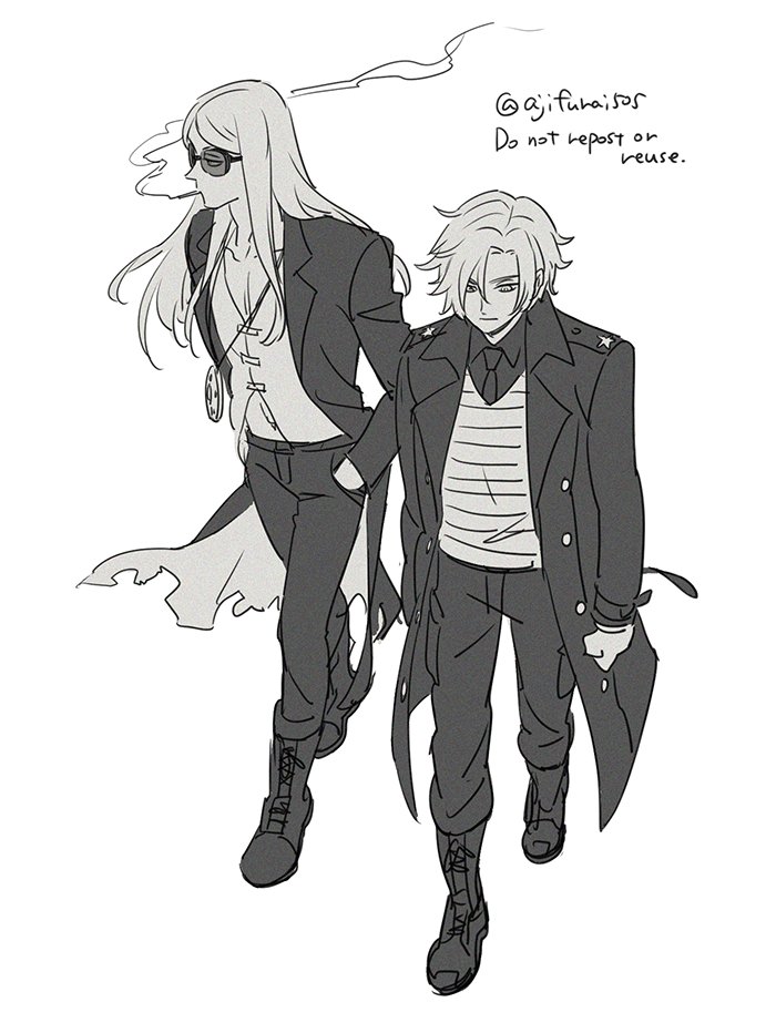 2boys, asaya_minoru, bangs, boots, character_request, cigarette, closed_mouth, coat