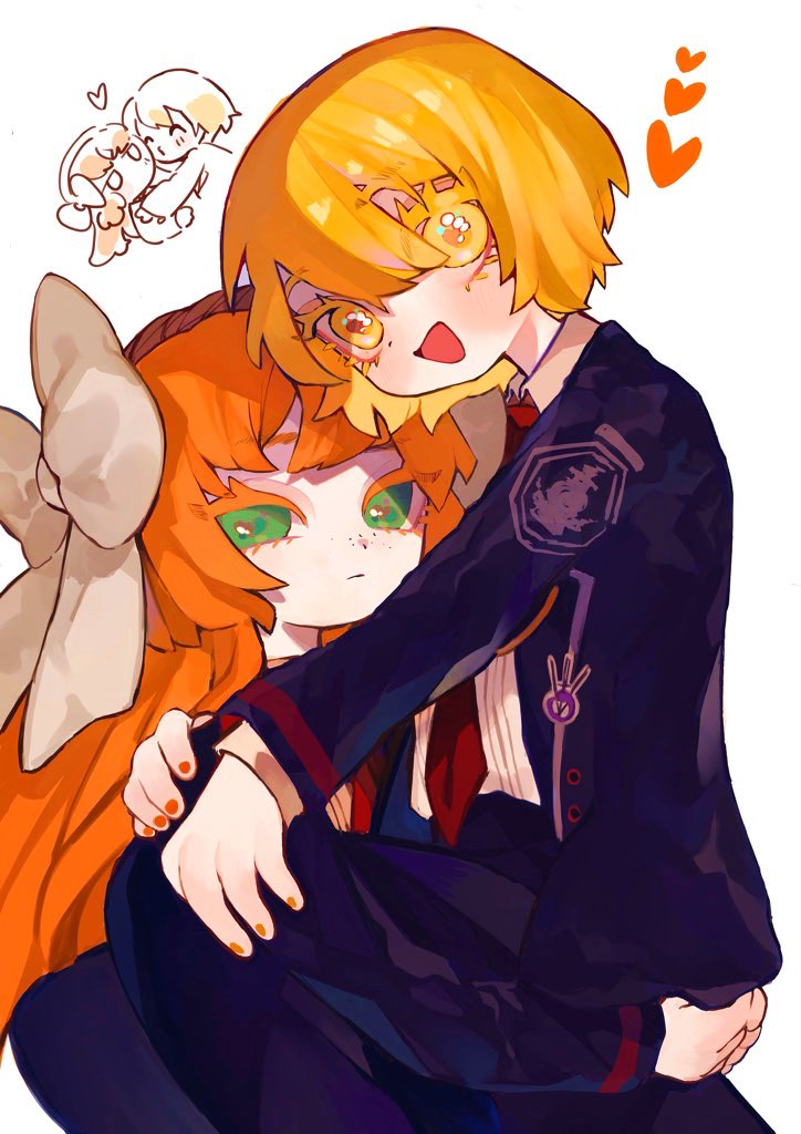 2girls, black_jacket, black_pants, blonde_hair, brown_hairband, closed_mouth, collared_shirt, colored_eyelashes