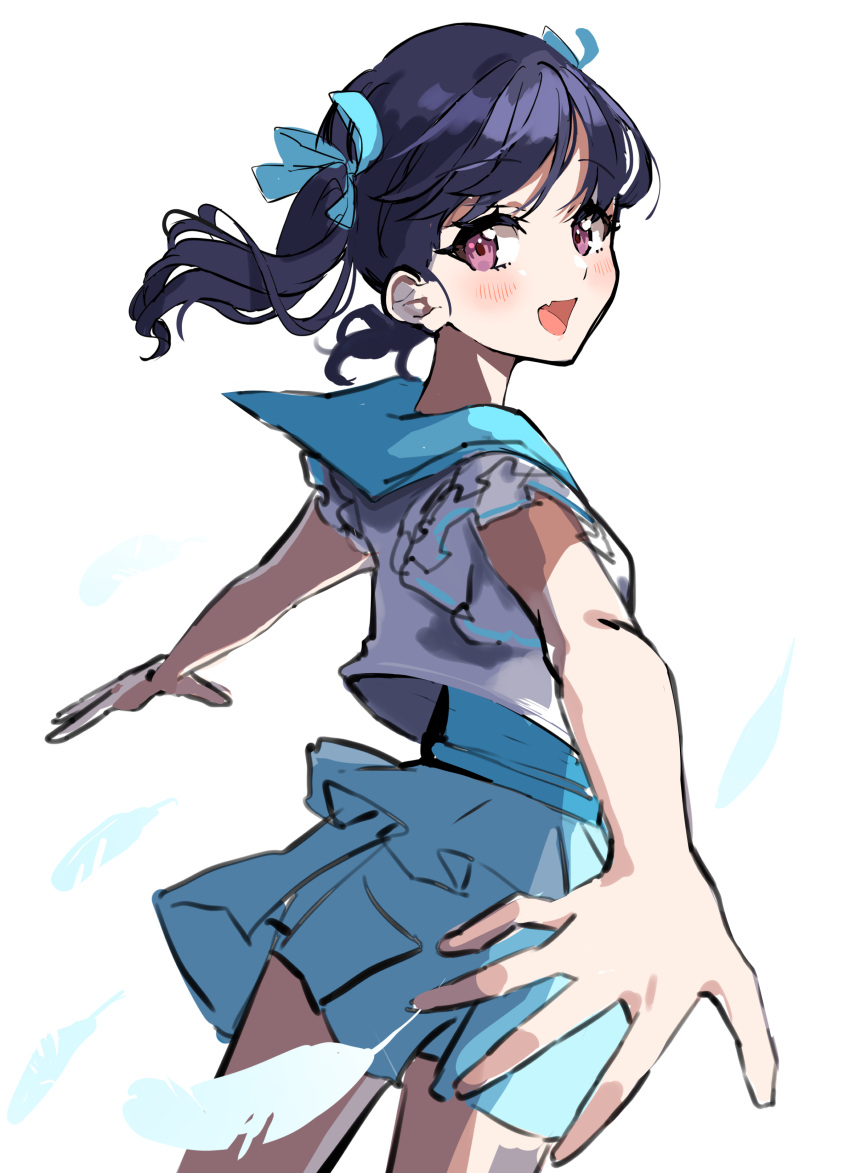 1girl, absurdres, bangs, black_hair, blue_ribbon, blue_skirt, fang, fukumaru_koito
