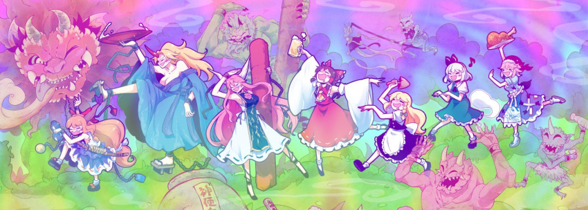 beer_mug, cauldron, chain, chicken_(food), clouds, cup, dancing, demon_parade, drunk, fine_art_parody, food, gourd, hakurei_reimu, hoshiguma_yuugi, hoshiguma_yuugi_(promo), ibaraki_douji_(touhou), ibaraki_kasen, ibuki_suika, joyfull_(terrace), kirisame_marisa, konpaku_youmu, mug, multiple_girls, okunoda_miyoi, oni, parody, plate, sakazuki, touhou