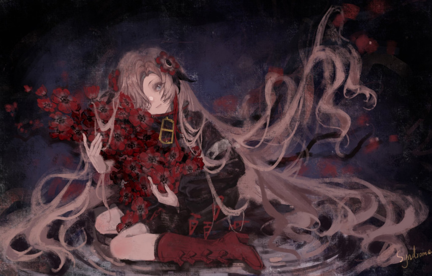 1girl, absurdly_long_hair, anemone_(flower), asymmetrical_sleeves, black_coat, blonde_hair, boots, branch