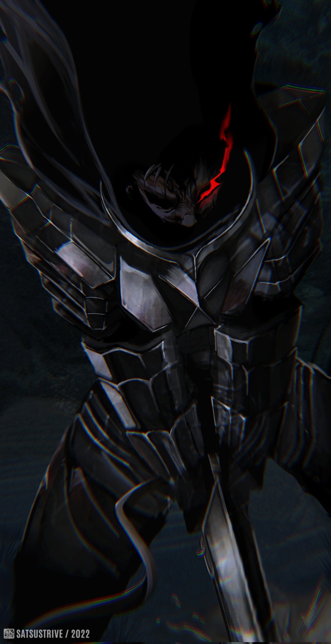 1boy, armor, berserk, berserker_armor, bfs, black_armor, black_hair, cape