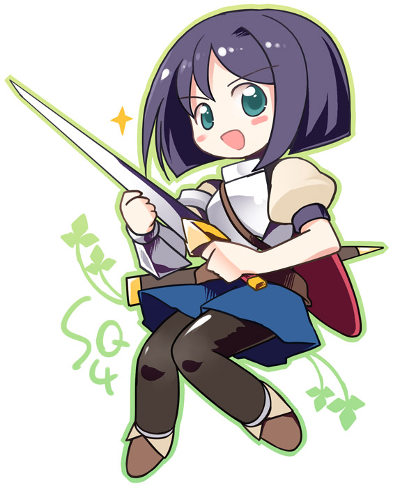 1girl, :d, armor, bangs, black_hair, black_pantyhose, blue_skirt, blush, bob_cut, breastplate, commentary_request, commentary_typo, emurin, full_body, green_eyes, green_outline, holding, holding_sword, holding_weapon, looking_at_viewer, open_mouth, outline, pantyhose, puffy_short_sleeves, puffy_sleeves, sekaiju_no_meikyuu, sekaiju_no_meikyuu_4, short_hair, short_sleeves, simple_background, skirt, smile, solo, sparkle, sword, swordsman_2_(sekaiju_4), weapon, white_background