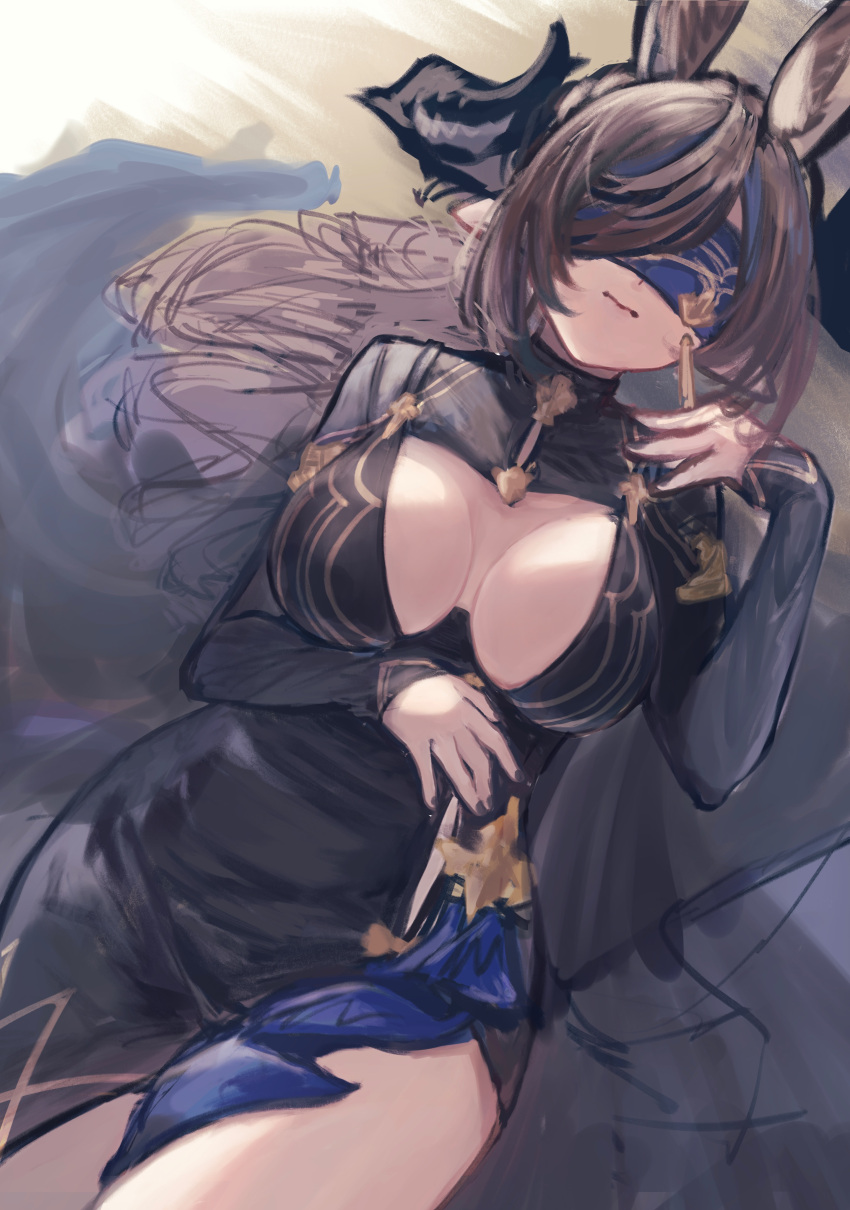1girl, absurdres, animal_ears, black_dress, black_nails, blindfold, blue_hair, breasts