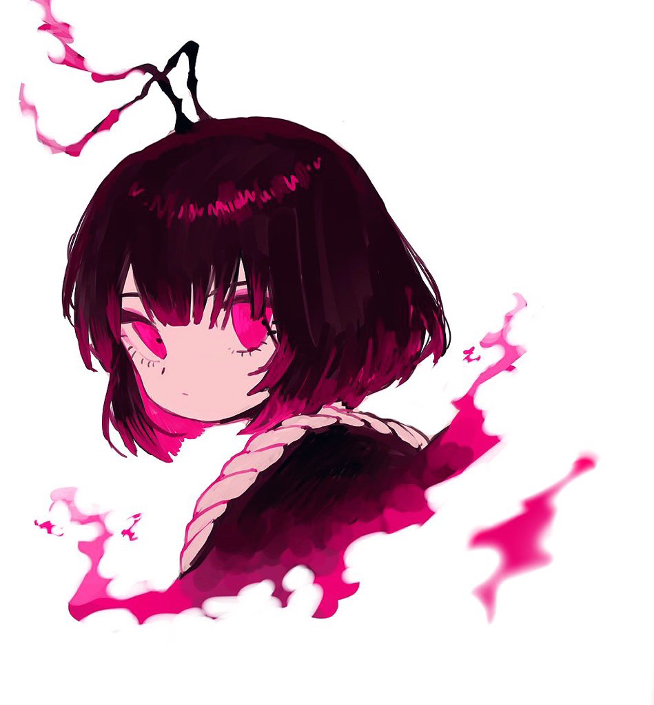 1girl, black_hair, black_shirt, closed_mouth, commentary_request, expressionless, eyebrows_hidden_by_hair, fire