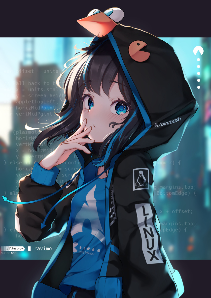 1girl, absurdres, arch_linux, artist_name, bangs, bird, black_hair, black_hoodie