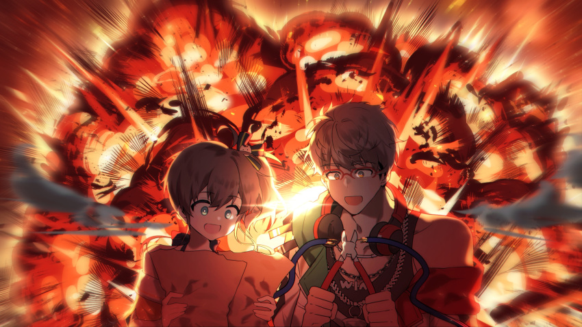 1boy, 1girl, :d, aged_down, arurandeisu, backlighting, bangs, black_ribbon