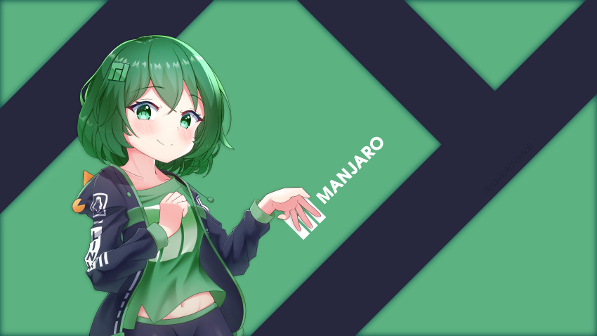 1girl, absurdres, arch, bangs, belly, black_background, black_hoodie, black_shorts, green_background, green_eyes, green_hair, green_shirt, hair_between_eyes, hair_ornament, highres, hood, hoodie, krita_(medium), linux, long_sleeves, looking_at_viewer, manjaro, navel, open_clothes, open_hoodie, os-tan, pac-man, raviolimavioli, shirt, shorts, smile, sweater, two-tone_background