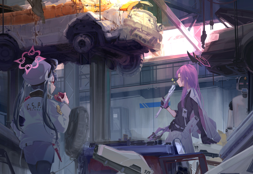 2girls, absurdres, blue_archive, blue_hair, blue_pantyhose, blue_shirt, blue_skirt, car