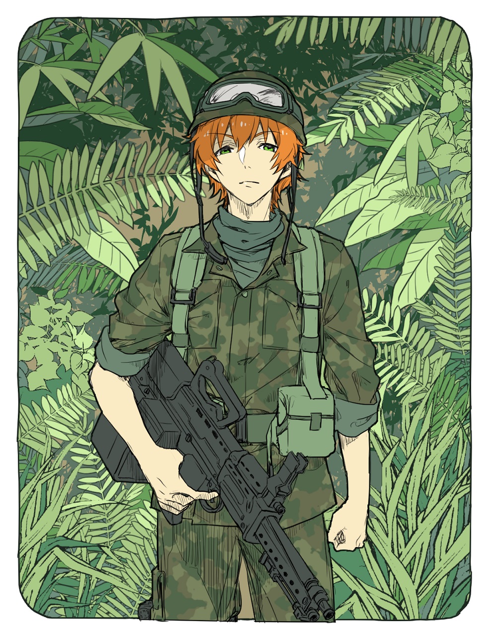 1boy, camouflage, closed_mouth, cropped_legs, foliage, goggles, goggles_on_headwear, green_eyes
