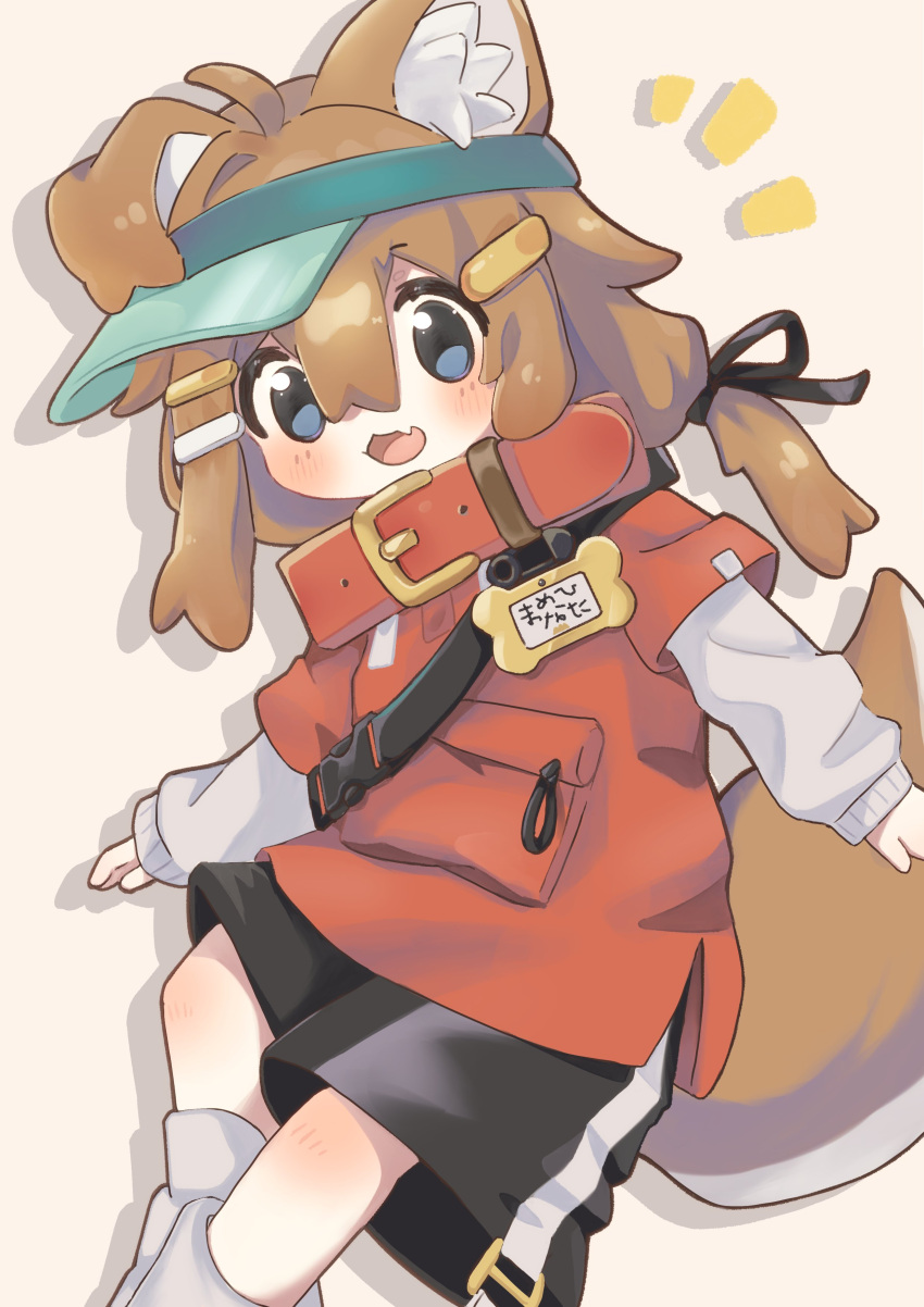 1girl, absurdres, ahoge, animal_collar, animal_ear_fluff, animal_ears, black_ribbon, black_shorts, blush, brown_hair, collar, commentary_request, fang, green_headwear, grey_eyes, hair_between_eyes, hair_ornament, hair_ribbon, hairclip, highres, layered_sleeves, long_sleeves, looking_at_viewer, mashir_oxo, open_mouth, ribbon, shirt, short_over_long_sleeves, short_sleeves, shorts, sidelocks, socks, solo, tail, unaligned_ears, visor_cap, vrchat