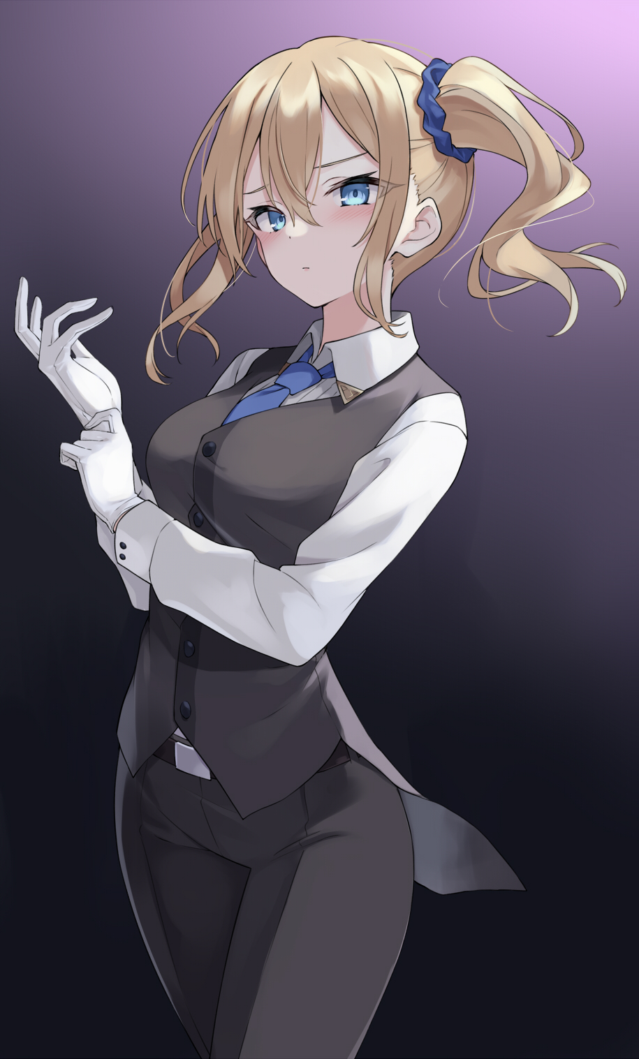 100, 1girl, bangs, belt, black_background, black_belt, black_pants, black_vest