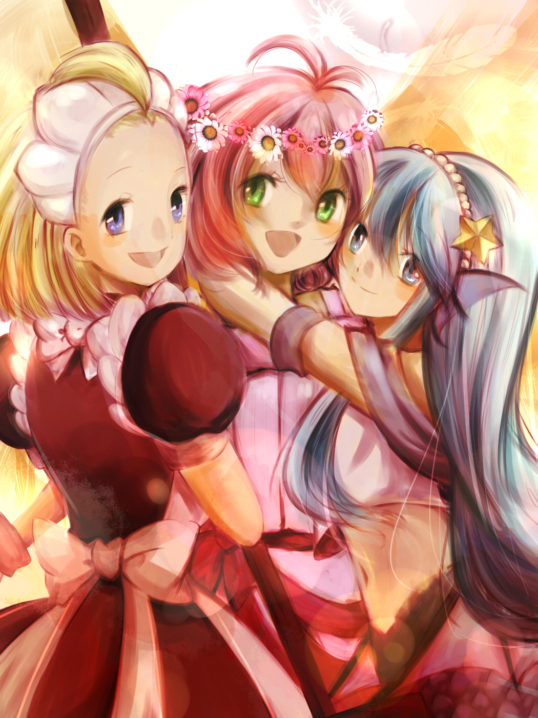 3girls, angel, angel_wings, apron, bangs, blonde_hair, blue_eyes, blue_hair
