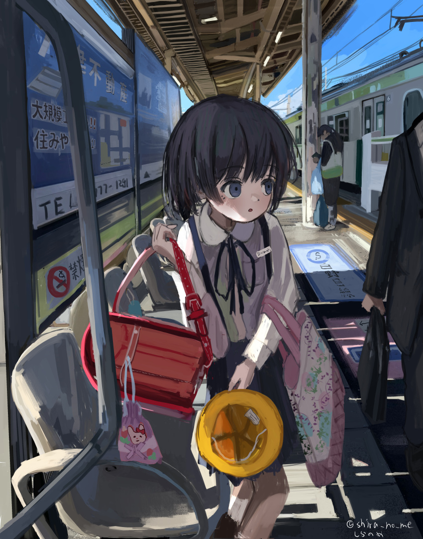 1girl, absurdres, backpack, bag, black_eyes, black_hair, blue_skirt, child, collared_shirt, female_child, hat, helmet, highres, holding, holding_clothes, holding_hat, mikun109323, original, pith_helmet, randoseru, school_hat, school_uniform, shirt, short_hair, skirt, solo_focus, tote_bag, train_station, white_shirt, yellow_headwear