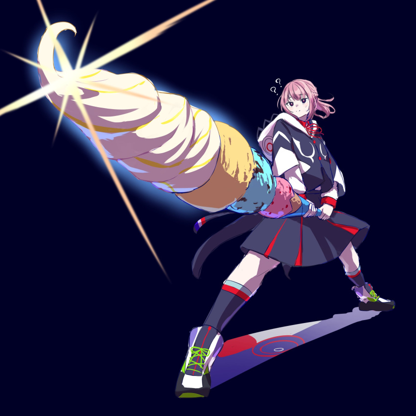 1girl, ?, ??, black_background, blue_jacket, blue_skirt, boots, braid