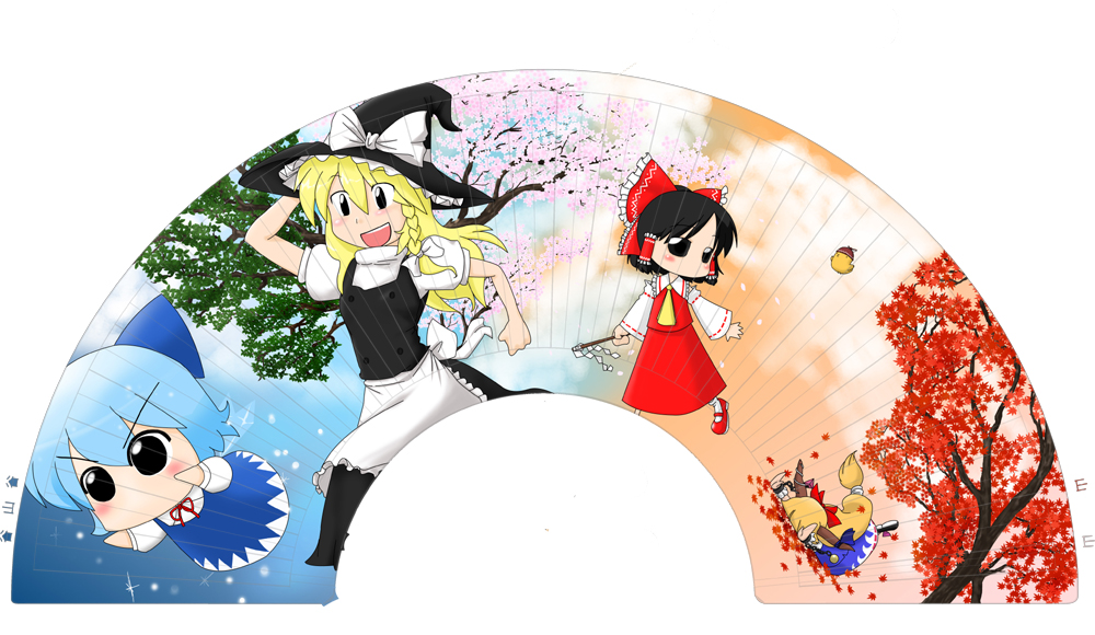 :d, cirno, faceplant, fan, hakurei_reimu, ibuki_suika, kirisame_marisa, mystia_lorelei
