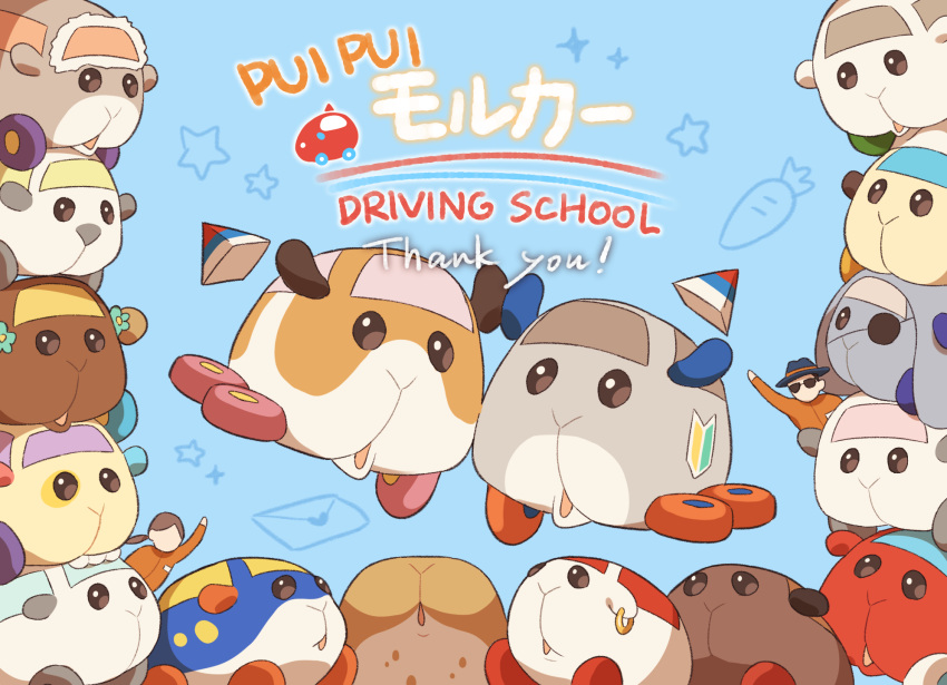 1boy, 1girl, abbey_(pui_pui_molcar), animal_focus, arm_up, blue_background, blue_headwear, brown_eyes, brown_hair, carrot, character_request, choco_(pui_pui_molcar), closed_mouth, commentary_request, copyright_name, earrings, envelope, eyepatch, fedora, flower, green_flower, guinea_pig, hat, highres, jacket, jewelry, kani_aruki_(aruki_kanikani), long_sleeves, looking_at_viewer, molcar, one_eye_covered, open_mouth, orange_jacket, peter_(pui_pui_molcar), ponytail, postal_molcar, potato_(pui_pui_molcar), pui_pui_molcar, rose_(pui_pui_molcar), shiromo_(pui_pui_molcar), shoshinsha_mark, simple_background, sparkle, star_(symbol), sunglasses, teddy_(pui_pui_molcar)