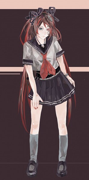 1girl, artist_request, bangs, black_eyes, black_hair, black_sclera, black_skirt, brown_hair