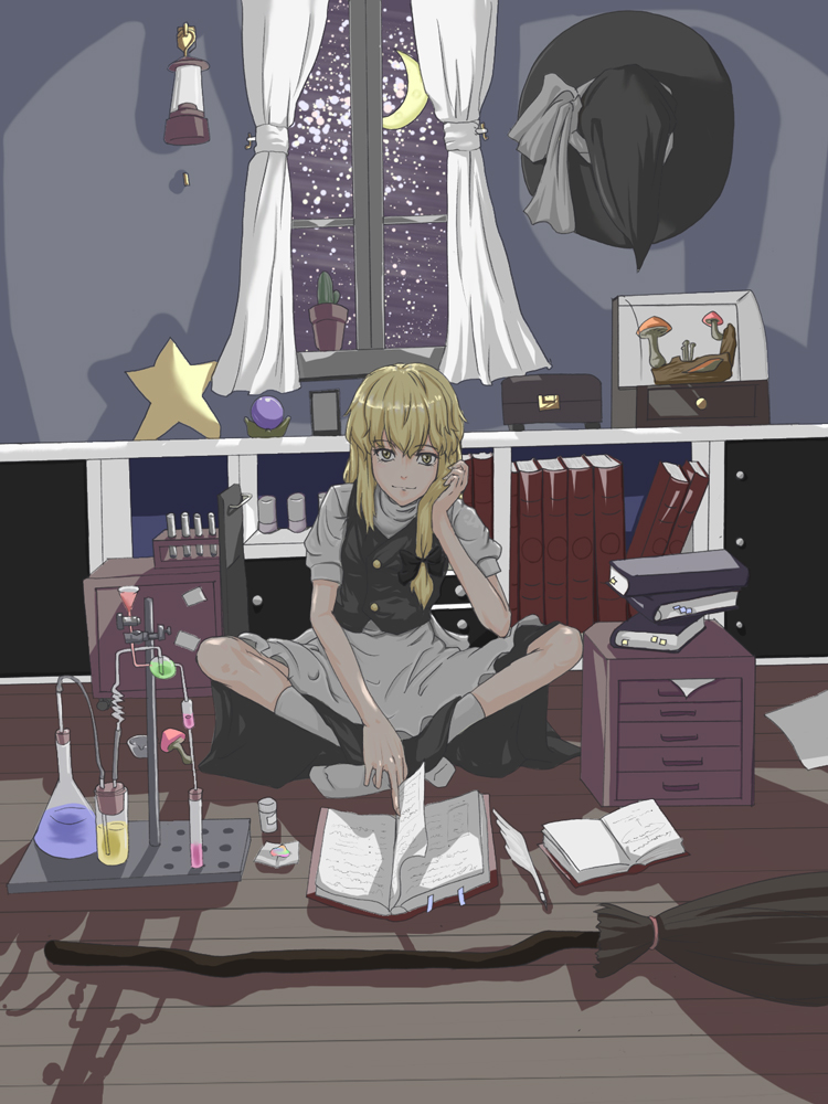 beaker, blonde_hair, book, bookmark, bow, broom, cactus, chin_rest