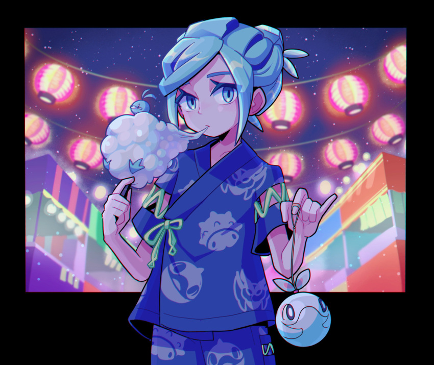 1boy, altaria, aqua_eyes, aqua_hair, blue_jacket, blue_shorts, cetoddle, character_print
