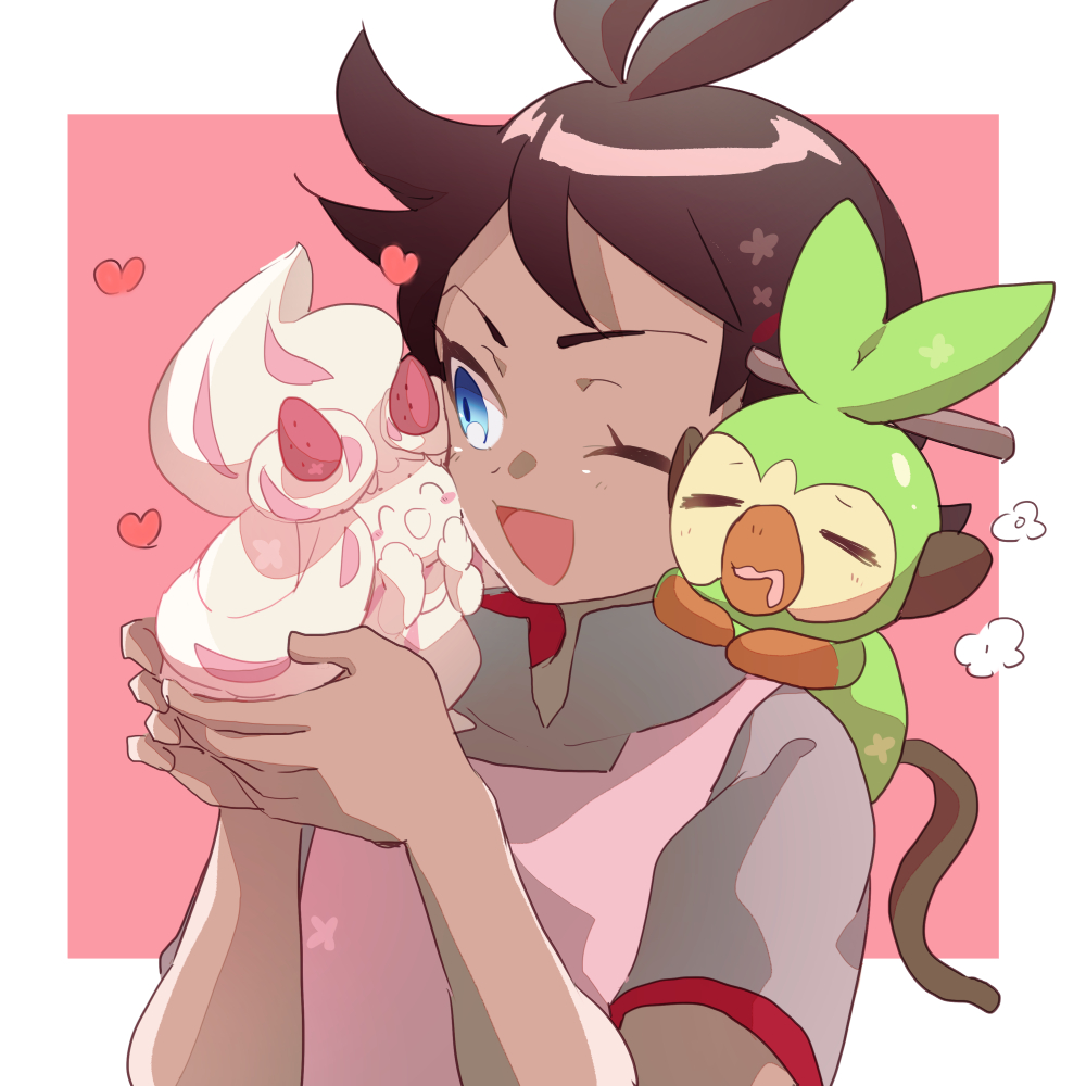 1boy, ;d, alcremie, alcremie_(strawberry_sweet), antenna_hair, apron, bangs, blue_eyes