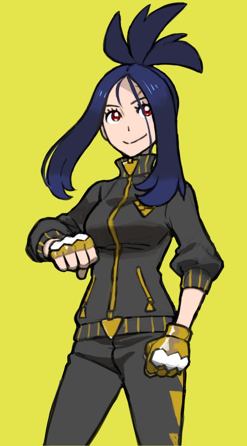 1girl, bangs, breasts, closed_mouth, cowboy_shot, dendra_(pokemon), eyelashes, fingerless_gloves