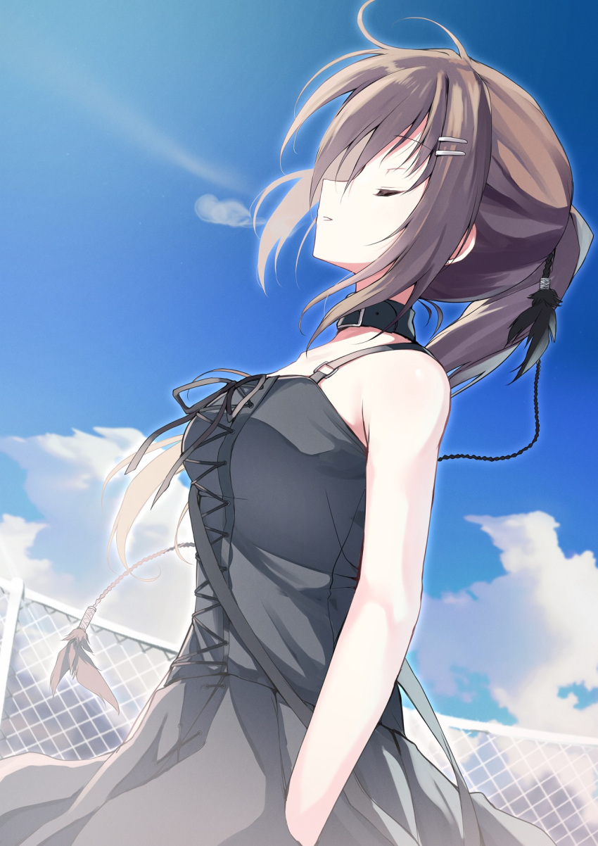 1girl, bangs, bare_shoulders, black_dress, black_ribbon, blue_sky, braid, breasts