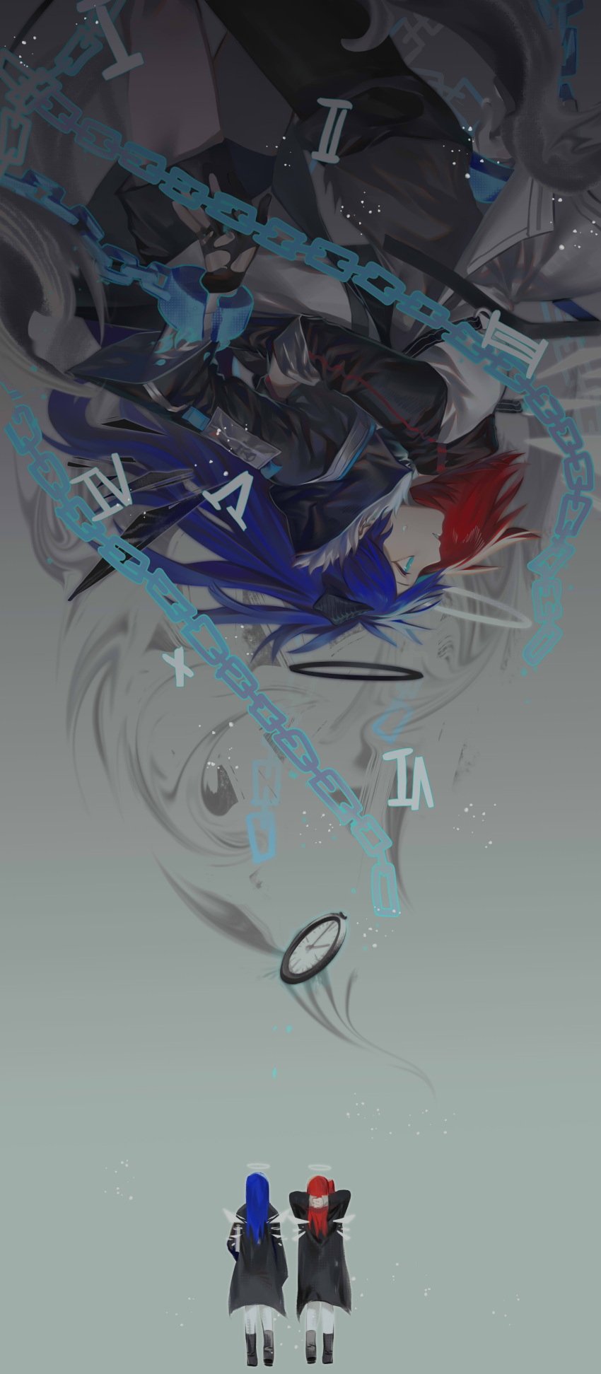 2girls, absurdres, arknights, arms_behind_head, black_coat, black_footwear, black_jacket, blue_eyes