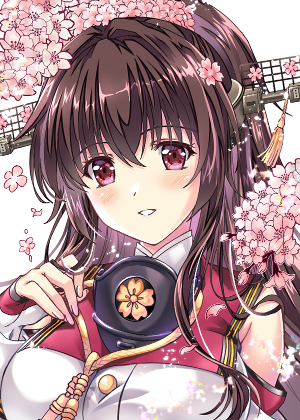 1girl, ankoromochi, brown_hair, cherry, cherry_blossoms, close-up, clothing_cutout, collar
