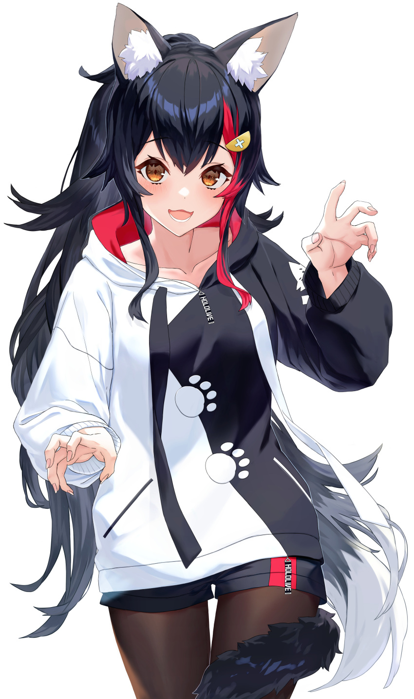 1girl, absurdres, animal_ear_fluff, animal_ears, bangs, black_hair, black_hoodie, black_pantyhose, black_shorts, blush, breasts, collarbone, hair_between_eyes, hair_ornament, hairclip, highres, hololive, hood, hoodie, kazuna_(minekazuna), long_hair, looking_at_viewer, multicolored_hair, ookami_mio, open_mouth, pantyhose, paw_print, paw_print_pattern, redhead, short_shorts, shorts, smile, solo, streaked_hair, tail, tail_around_leg, tail_wrap, two-tone_hoodie, virtual_youtuber, white_hoodie, wolf_ears, wolf_girl, wolf_tail, yellow_eyes