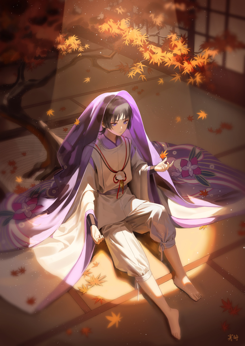 1boy, absurdres, anier, armor, artist_name, bangs, barefoot, black_hair