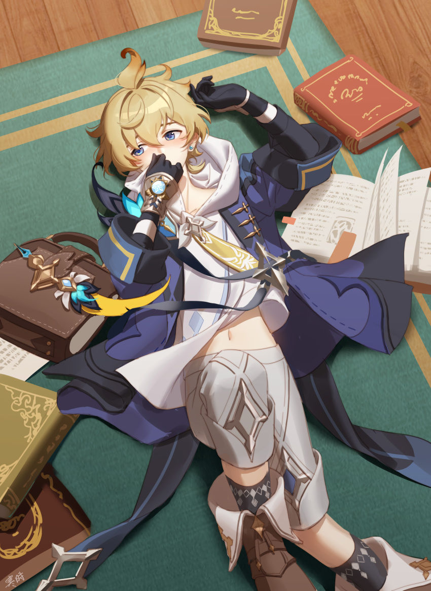 1boy, absurdres, ahoge, anier, bag, bangs, black_gloves, black_socks